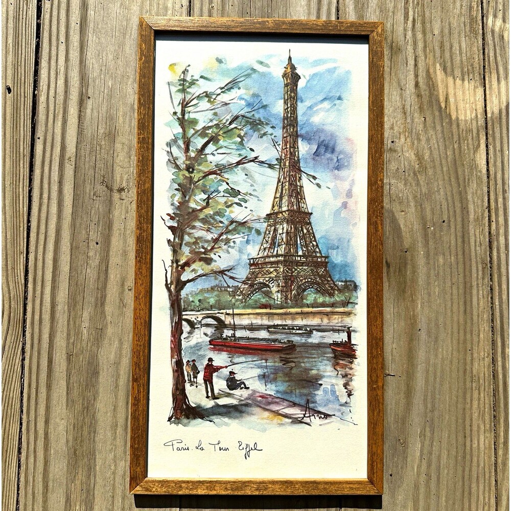 VTG Signed Arno "Paris la Tour Eiffel" Eiffel Tower Framed Watercolor decor 14x7